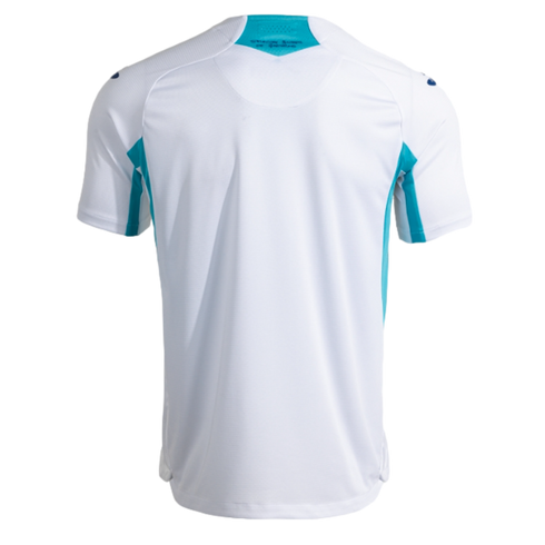 A rear view of a white, short-sleeved athletic jersey with teal panels on the sides and back collar, shown against a solid black background.