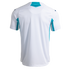 A rear view of a white, short-sleeved athletic jersey with teal panels on the sides and back collar, shown against a solid black background.