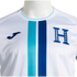 Close-up of a white Joma Honduras national team jersey with central turquoise and navy blue vertical stripes and a large blue 'H' emblem featuring five stars and the word "HONDURAS."