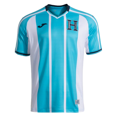 A light blue and white vertically striped Honduras national team soccer jersey with a navy blue V-neck and sleeve trim, featuring a stylized 'H' crest on the chest.