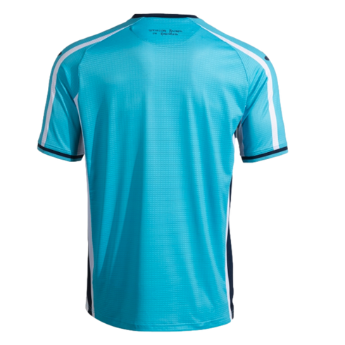 A back view of a turquoise short-sleeved athletic jersey with white stripes on the shoulders and sleeves, and white and navy blue side panels, set against a solid black background.