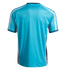 A back view of a turquoise short-sleeved athletic jersey with white stripes on the shoulders and sleeves, and white and navy blue side panels, set against a solid black background.