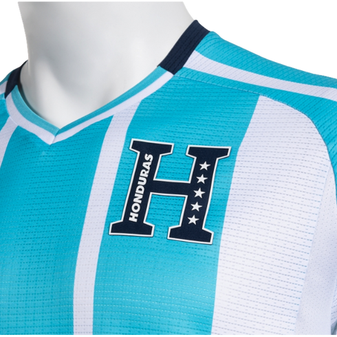 A close-up of a Honduras national team soccer jersey featuring light turquoise and white vertical stripes and a navy blue "H" logo with five stars.
