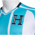 A close-up of a Honduras national team soccer jersey featuring light turquoise and white vertical stripes and a navy blue "H" logo with five stars.
