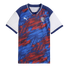 A short-sleeved Puma soccer jersey featuring a blue and red abstract pattern with stars. It has white sleeves with blue cuffs and a blue V-neck collar with white piping.