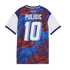 The back of a patriotic-themed soccer jersey featuring the name "PULISIC" and number "10" in large white block letters. The main body of the jersey has a dynamic red and blue graphic pattern with stars and brushstroke textures. The sleeves are solid white