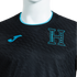 A close-up of a black Honduras national soccer team jersey by Joma, featuring a light blue crew neck, a subtle textured pattern, and the team crest and brand logo on the chest.