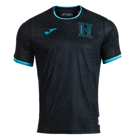 A black Honduras national football team soccer jersey by Joma, featuring bright cyan trim on the collar and sleeve cuffs, a textured geometric pattern, and a large cyan "H" crest on the left chest.