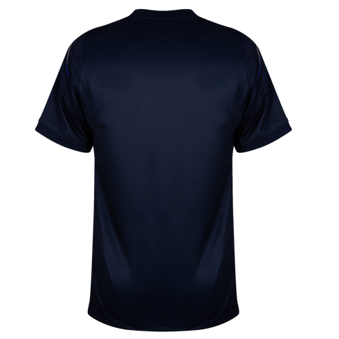 A back view of a navy blue, short-sleeved athletic jersey with subtle vertical texture and faint colorful accents on the shoulders, set against a solid black background.