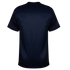 A back view of a navy blue, short-sleeved athletic jersey with subtle vertical texture and faint colorful accents on the shoulders, set against a solid black background.