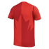 The back of a short-sleeved red athletic jersey against a solid black background. A large, stylized maple leaf design spans the back, split vertically with contrasting shades of lighter and darker red on either side. Thin black lines trim the sleeve cuffs