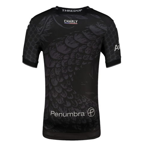 The back view of a black short-sleeved sports jersey featuring a tonal grey pattern of overlapping scales. Several logos are printed in white: "THREDUP" at the collar, "CHARLY" in the center upper back, and "Penumbra" alongside a circular logo at the bott
