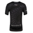 The back view of a black short-sleeved sports jersey featuring a tonal grey pattern of overlapping scales. Several logos are printed in white: "THREDUP" at the collar, "CHARLY" in the center upper back, and "Penumbra" alongside a circular logo at the bott