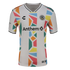 A white Oakland Roots soccer jersey featuring a colorful geometric mosaic pattern in orange, blue, pink, yellow, and green running vertically down the center and along the sides. The jersey includes the "Anthem" sponsor logo across the chest, the team cre