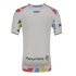 The back of a white short-sleeved sports jersey with colorful geometric patterns on the sleeves and hem. Several black logos are centered on the back, including "THREDUP", "CHARLY", and "Penumbra."