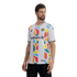 A man models a white Oakland Roots soccer jersey featuring a vibrant, multi-colored geometric mosaic pattern in shades of red, yellow, orange, blue, and green. The word "Anthem" is printed in black across the chest, and the jersey includes a black-and-whi