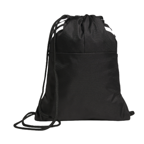 A black drawstring cinch bag with a horizontal front seam, set against a solid black background.
