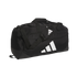A black Adidas duffel bag with a large white three-stripe logo on the front and a padded shoulder strap against a black background.