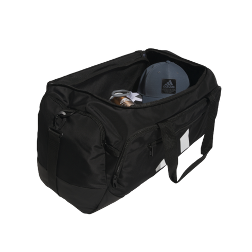 An open black Adidas duffel bag containing a grey Adidas cap and a brown water bottle, set against a black background. The bag features white stripes and a black shoulder strap.