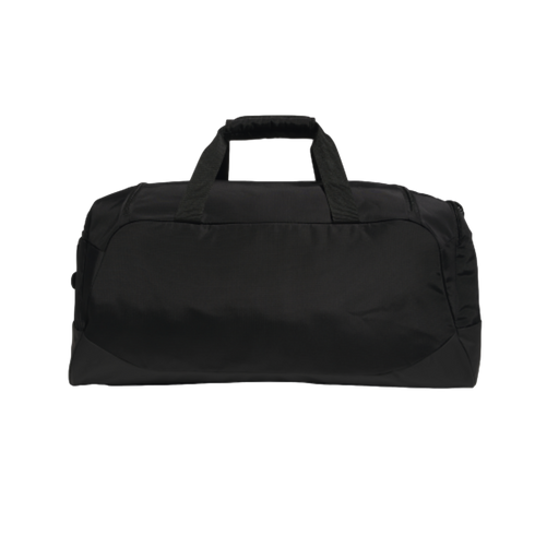 A front-on view of a solid black sports duffel bag with dual carrying handles joined by a padded wrap, set against a plain black background.