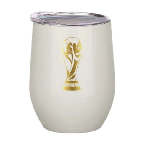 An off-white insulated tumbler with a clear lid, featuring a gold FIFA World Cup trophy logo on its side.