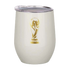 An off-white insulated tumbler with a clear lid, featuring a gold FIFA World Cup trophy logo on its side.