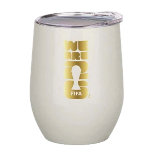 A white, egg-shaped insulated wine tumbler with a clear lid, featuring a gold 2026 FIFA World Cup logo on the front with the text "WE ARE 26" and a silhouette of the World Cup trophy.