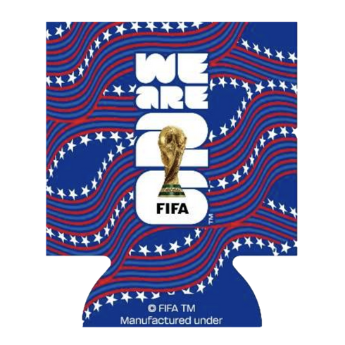 A promotional graphic for the FIFA World Cup 2026 in the shape of a can cooler. Large white text reads "WE ARE 26" with the FIFA World Cup trophy graphic centered in the middle. The background features a pattern of wavy blue, red, and white stripes with w