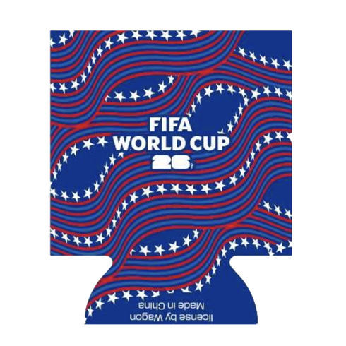 A flat, blue can koozie design featuring a patriotic pattern of wavy red and blue stripes and rows of white stars. The central text reads "FIFA WORLD CUP 26" in bold white. At the bottom, smaller upside-down text reads "Made in China" and "license by Wago