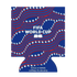A flat, blue can koozie design featuring a patriotic pattern of wavy red and blue stripes and rows of white stars. The central text reads "FIFA WORLD CUP 26" in bold white. At the bottom, smaller upside-down text reads "Made in China" and "license by Wago