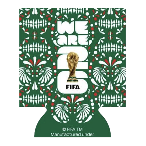A green can cooler sleeve featuring a white and red repeating pattern of stylized skulls. In the center, large white text reads "WE ARE 26" with an image of the gold FIFA World Cup trophy positioned within the "26". The FIFA logo is printed below the text