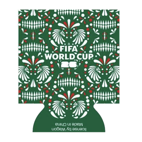 A green can cooler featuring a white and red repeating pattern of stylized eagle heads and skull-like folk art designs. The center is printed with the text "FIFA WORLD CUP 26" in a bold white font. Upside-down text on the bottom flap reads "license by Wag