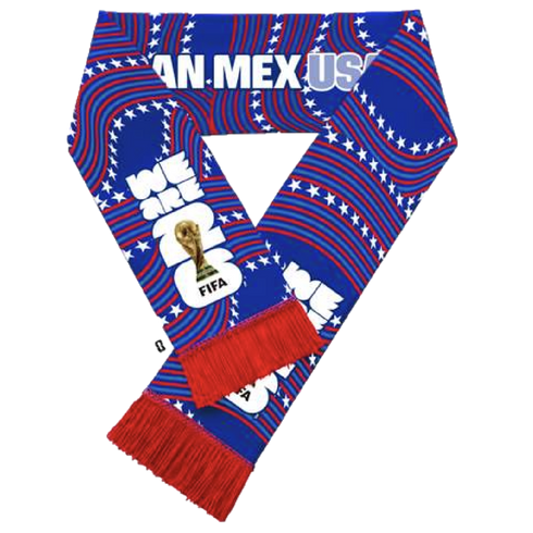 A commemorative blue and red FIFA World Cup 2026 scarf featuring white stars and wavy red stripes. The text "CAN · MEX · USA" is displayed across the top, and "WE ARE 26" with the World Cup trophy logo is printed on the ends. The scarf is finished with re