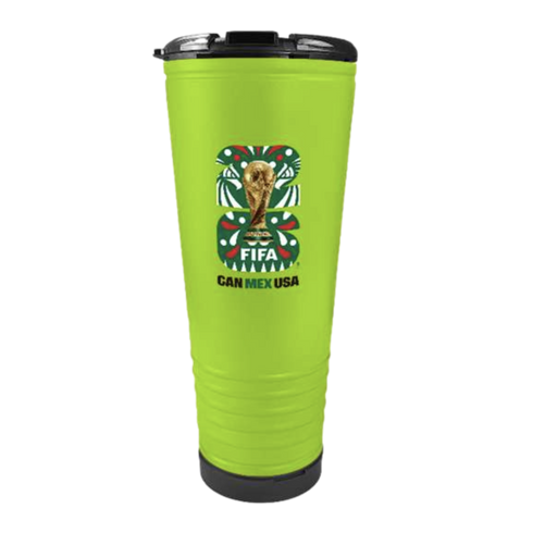 A lime green travel tumbler featuring the 2026 FIFA World Cup logo and the text "CAN MEX USA" on the front. It has a black lid and base.