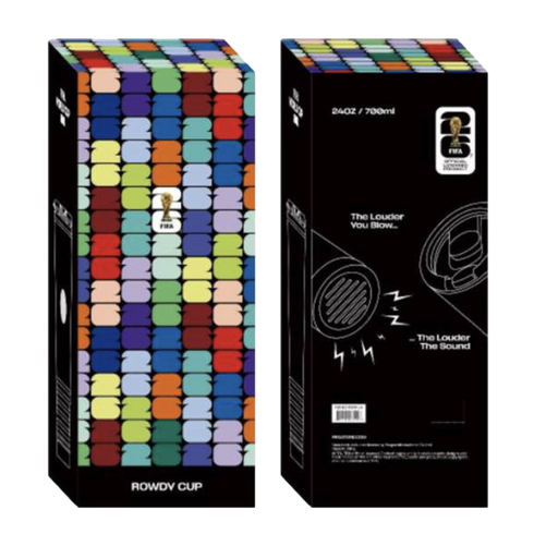 The image displays two views of a tall, rectangular box for a "ROWDY CUP," an official FIFA World Cup 2026 product. The front and top of the box feature a vibrant, repeating pattern of the number "26" in various colors. The back of the box is black and di