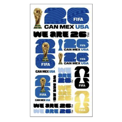 A graphic sheet featuring multiple variations of the official branding for the FIFA World Cup 26. The logos prominently feature a stylized "2" and "6" stacked vertically, often accompanied by the FIFA World Cup trophy. The text "CAN MEX USA" indicates the