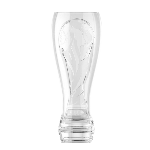 A clear glass vessel with a relief etching of the FIFA World Cup trophy inside it, set against a black background. The base features the etched text "FIFA WORLD CUP".