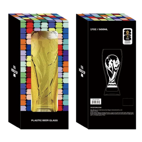 Two views of the packaging for a FIFA World Cup 26 plastic beer glass. The front of the black box features a colorful repeating "26" pattern and a window displaying a golden glass shaped like the World Cup trophy. The back includes the 500ml capacity, a l