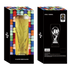 Two views of the packaging for a FIFA World Cup 26 plastic beer glass. The front of the black box features a colorful repeating "26" pattern and a window displaying a golden glass shaped like the World Cup trophy. The back includes the 500ml capacity, a l