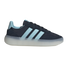 Profile of a navy blue Adidas sneaker with light blue stripes and a thick, translucent white sole against a solid black background.