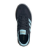 An overhead view of a navy blue Adidas sneaker with light blue stripes, tongue tag, and inner lining. The shoe features navy laces and a translucent grey sole, set against a solid black background.