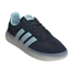 A navy blue Adidas sneaker with light blue stripes and a thick, translucent platform sole.