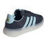 A navy blue and light blue sneaker shown from a rear three-quarter angle against a black background. It features three light blue side stripes, a light blue heel tab with a gold Argentina national football team (AFA) crest and three stars, and a thick, tr