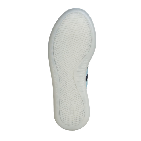 A bottom-up view of a white, translucent Adidas sneaker outsole against a black background. The outsole features a classic herringbone tread pattern and an embossed Adidas logo near the heel.