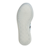 A bottom-up view of a white, translucent Adidas sneaker outsole against a black background. The outsole features a classic herringbone tread pattern and an embossed Adidas logo near the heel.