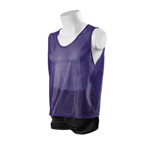 A purple mesh sports training bib displayed on a white torso mannequin against a solid black background. The sleeveless vest features a scoop neck and wide armholes and is worn over black athletic shorts.