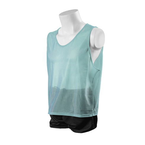 A white mannequin torso and upper legs wearing a light blue mesh training bib and black athletic shorts, set against a solid black background.