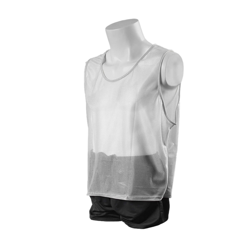 A white mesh athletic training bib with grey trim, displayed on a headless torso mannequin wearing black shorts against a solid black background.