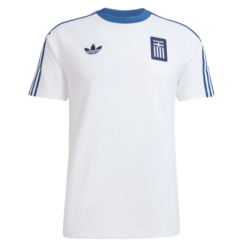 A white Adidas Greece retro soccer jersey with a blue crew neck, blue sleeve stripes, an Adidas trefoil logo, and a Greek national team crest.