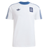 A white Adidas Greece retro soccer jersey with a blue crew neck, blue sleeve stripes, an Adidas trefoil logo, and a Greek national team crest.
